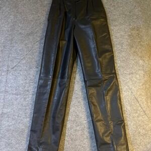 Vintage Genuine Leather High Waisted Pleated Straight Leg Pants Black 26 Waist